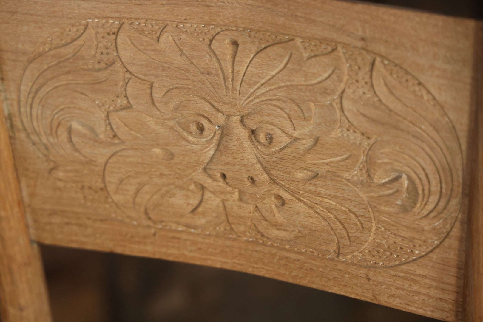 Pair Of Antique Wooden Dining Chairs With Green Man Face Motifs, Completely Stripped, Ready To Be Finished