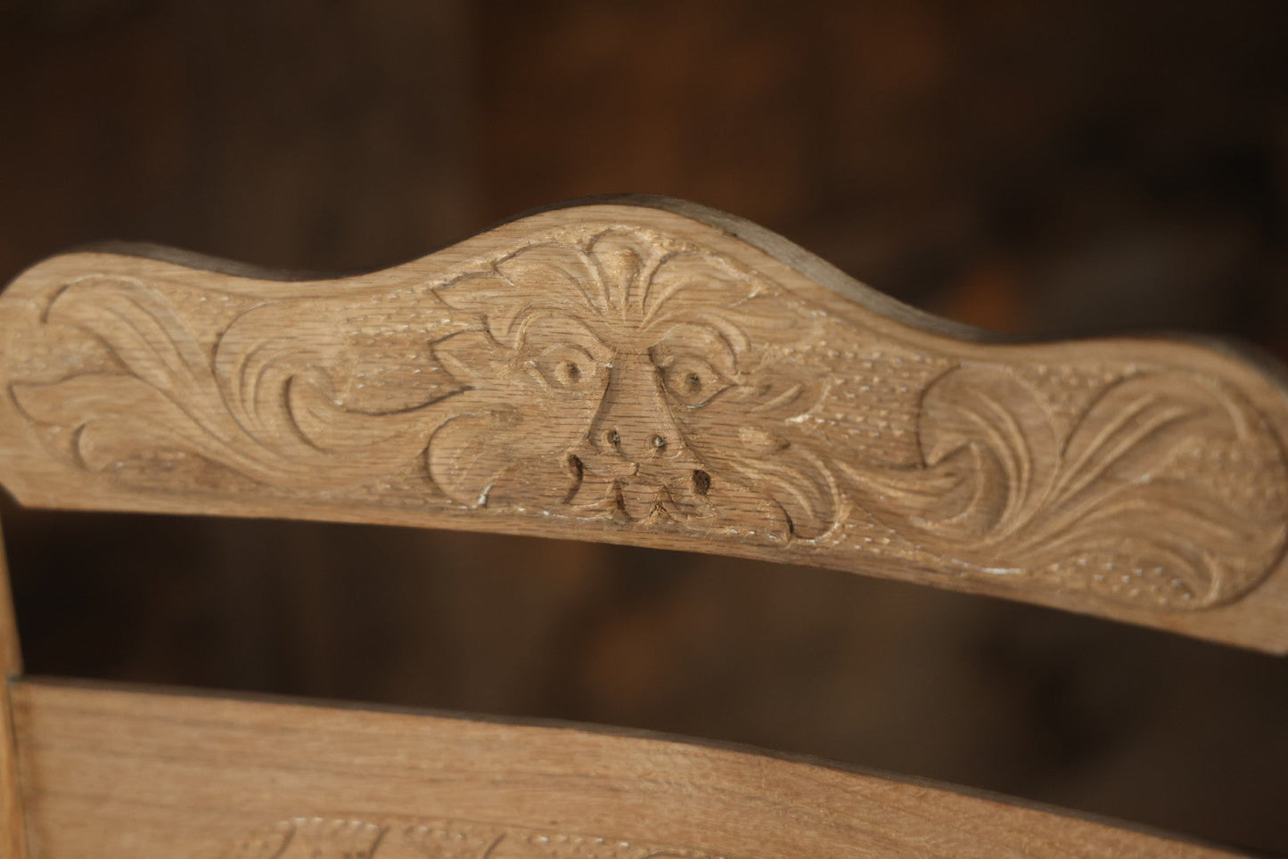 Pair Of Antique Wooden Dining Chairs With Green Man Face Motifs, Completely Stripped, Ready To Be Finished
