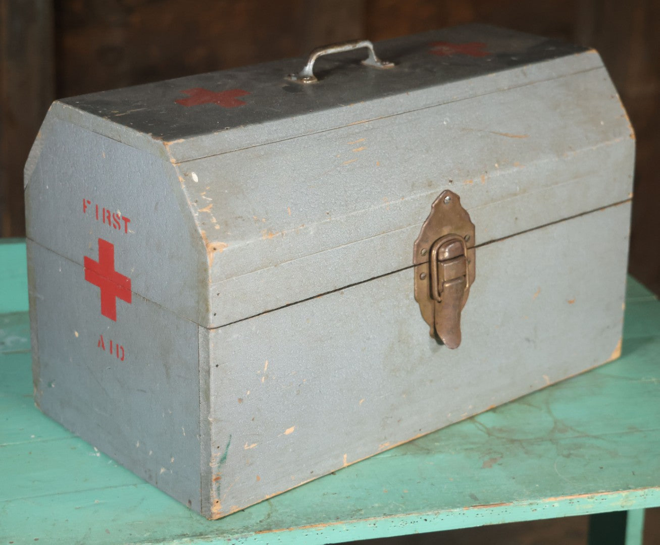 Vintage Hand Painted Wooden First Aid Box With Contents, Circa 1920, As Found