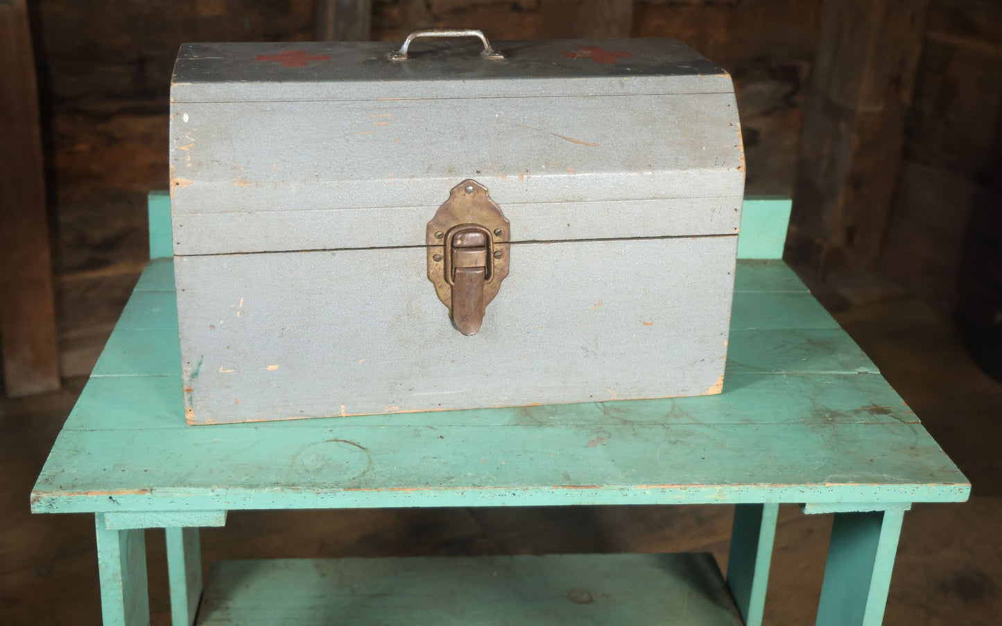 Vintage Hand Painted Wooden First Aid Box With Contents, Circa 1920, As Found