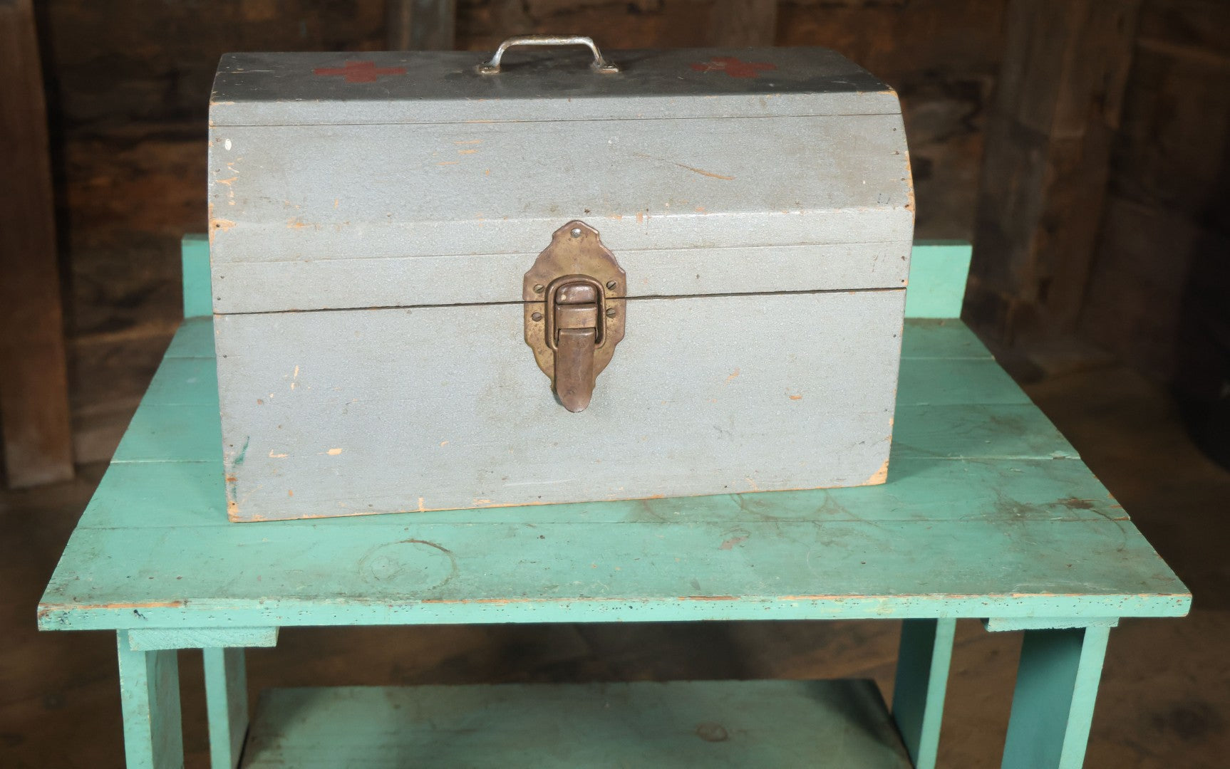 Vintage Hand Painted Wooden First Aid Box With Contents, Circa 1920, As Found