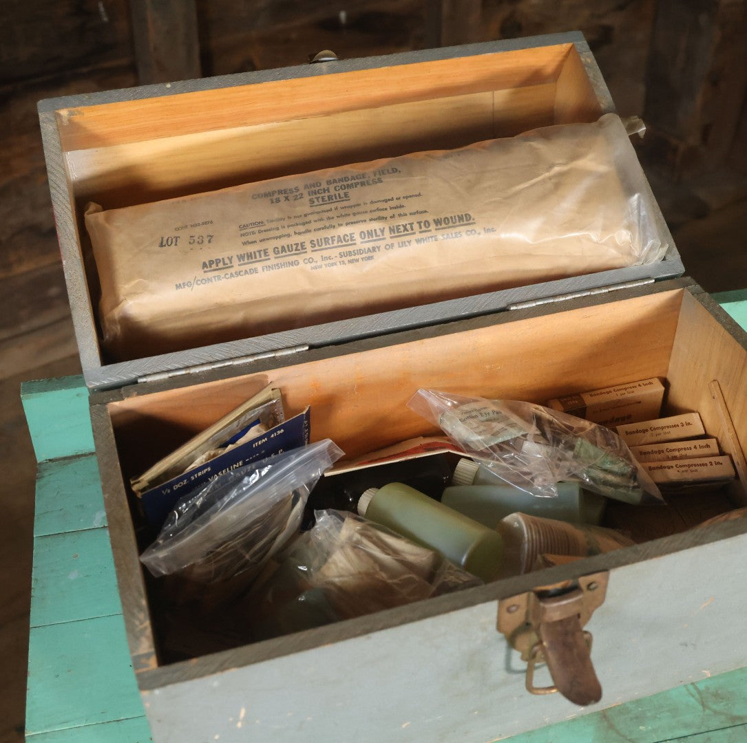 Vintage Hand Painted Wooden First Aid Box With Contents, Circa 1920, As Found