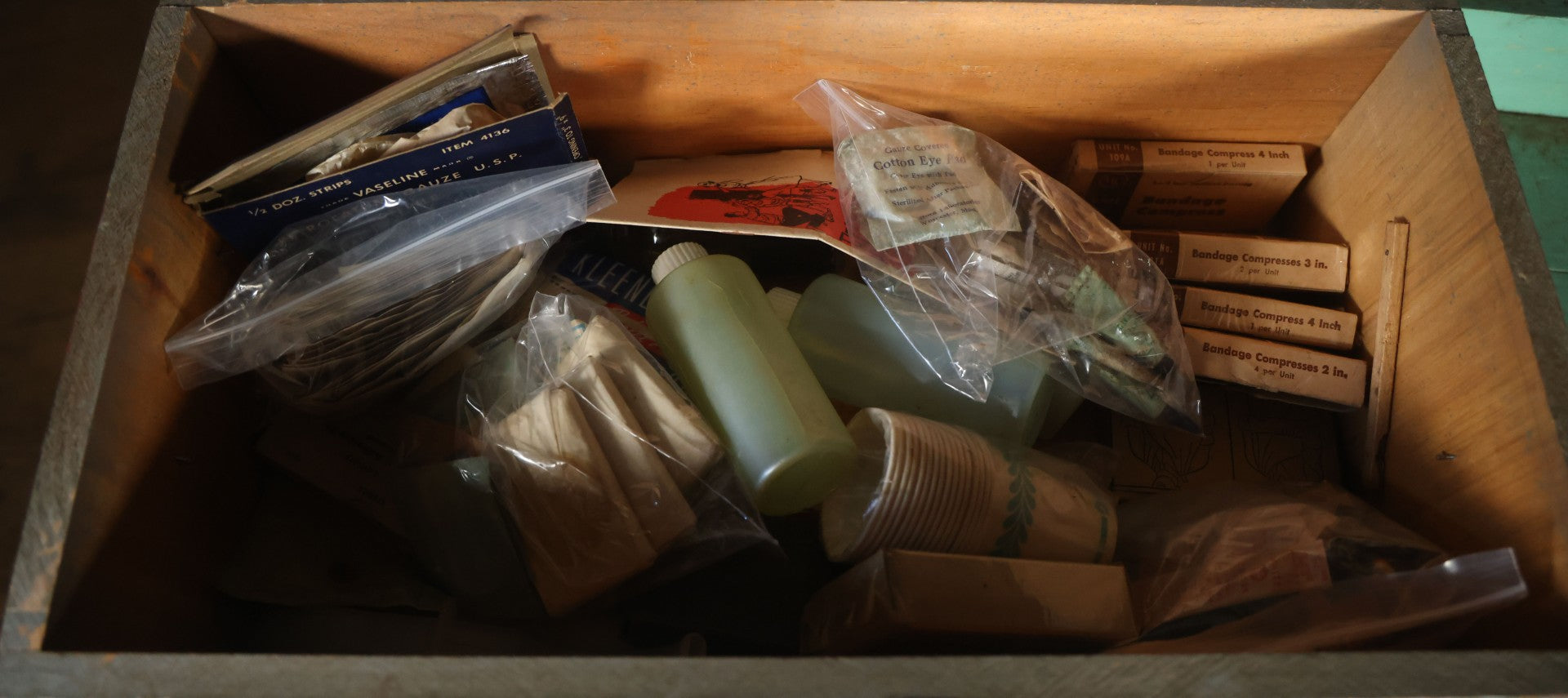 Vintage Hand Painted Wooden First Aid Box With Contents, Circa 1920, As Found