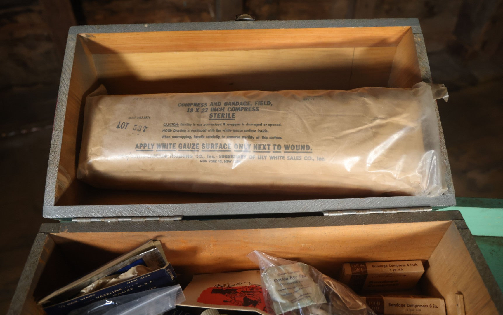 Vintage Hand Painted Wooden First Aid Box With Contents, Circa 1920, As Found