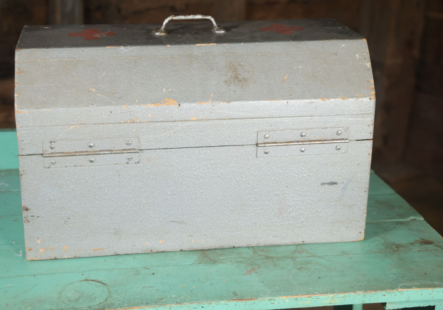 Vintage Hand Painted Wooden First Aid Box With Contents, Circa 1920, As Found