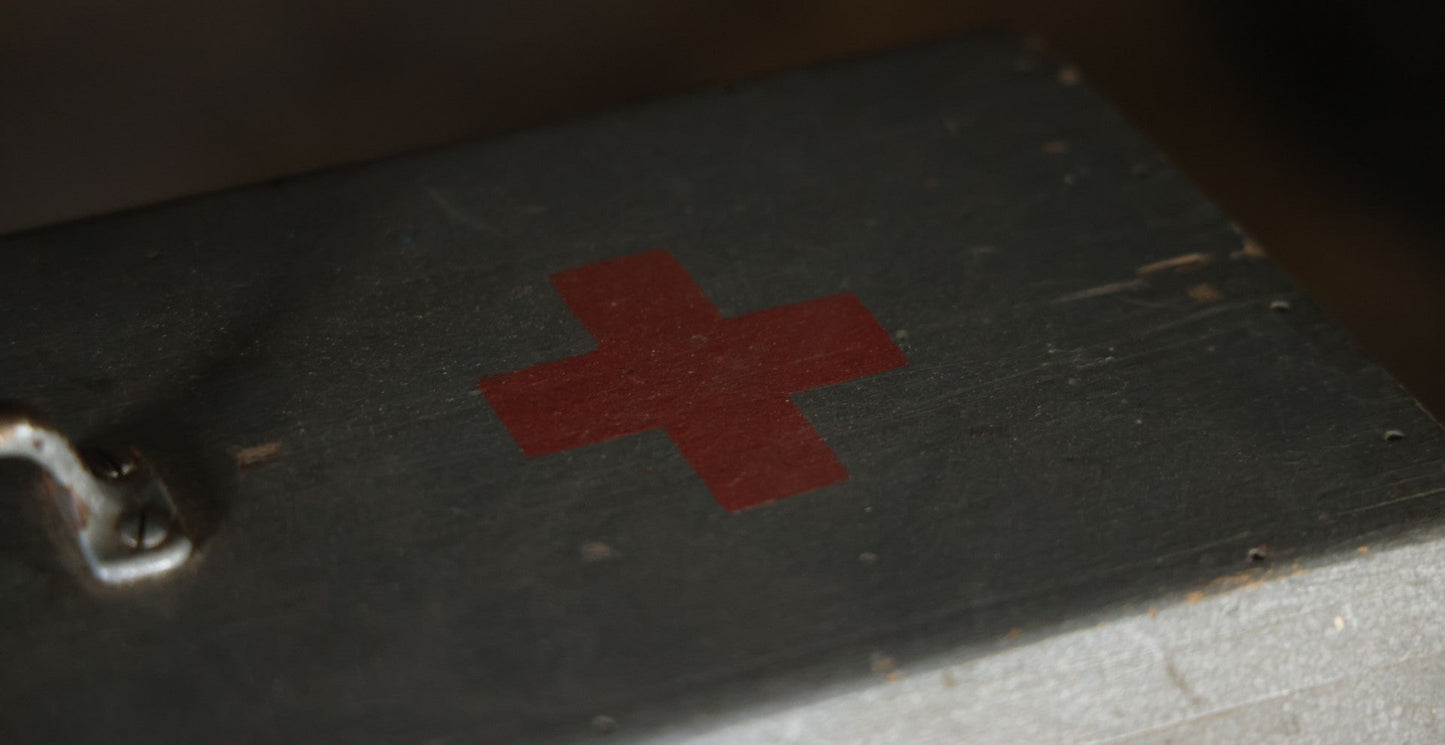 Vintage Hand Painted Wooden First Aid Box With Contents, Circa 1920, As Found