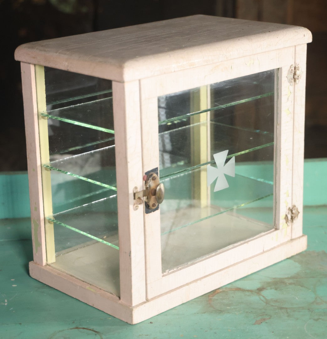 Antique Barber Shop Sterilizer Cabinet With Frosted Iron Cross Symbol On Door, Three Interior Glass Shelves, Four Glass Walls