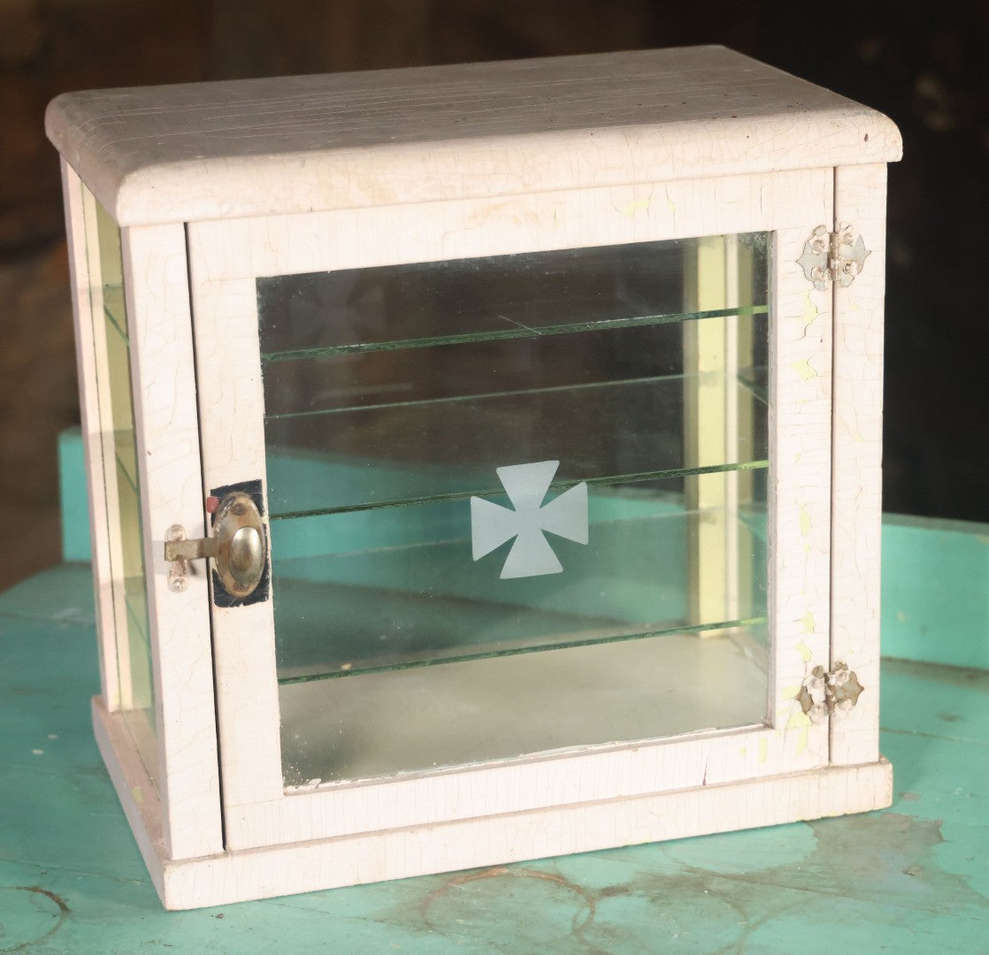 Antique Barber Shop Sterilizer Cabinet With Frosted Iron Cross Symbol On Door, Three Interior Glass Shelves, Four Glass Walls