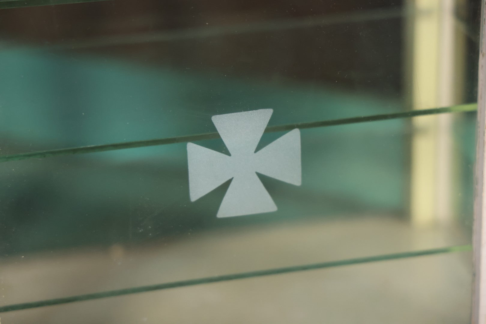 Antique Barber Shop Sterilizer Cabinet With Frosted Iron Cross Symbol On Door, Three Interior Glass Shelves, Four Glass Walls