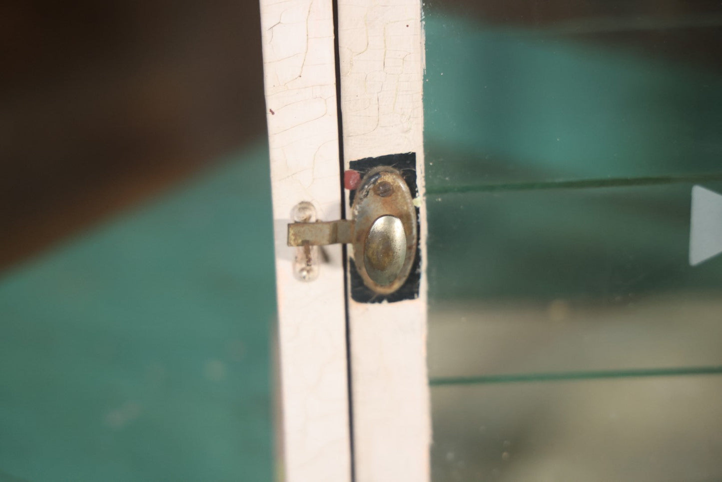 Antique Barber Shop Sterilizer Cabinet With Frosted Iron Cross Symbol On Door, Three Interior Glass Shelves, Four Glass Walls
