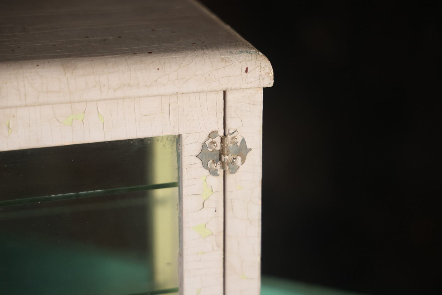 Antique Barber Shop Sterilizer Cabinet With Frosted Iron Cross Symbol On Door, Three Interior Glass Shelves, Four Glass Walls