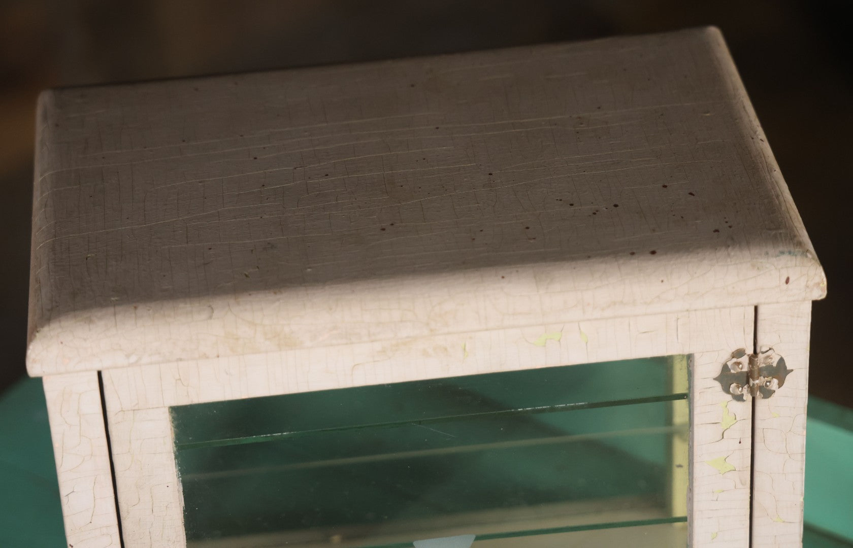 Antique Barber Shop Sterilizer Cabinet With Frosted Iron Cross Symbol On Door, Three Interior Glass Shelves, Four Glass Walls
