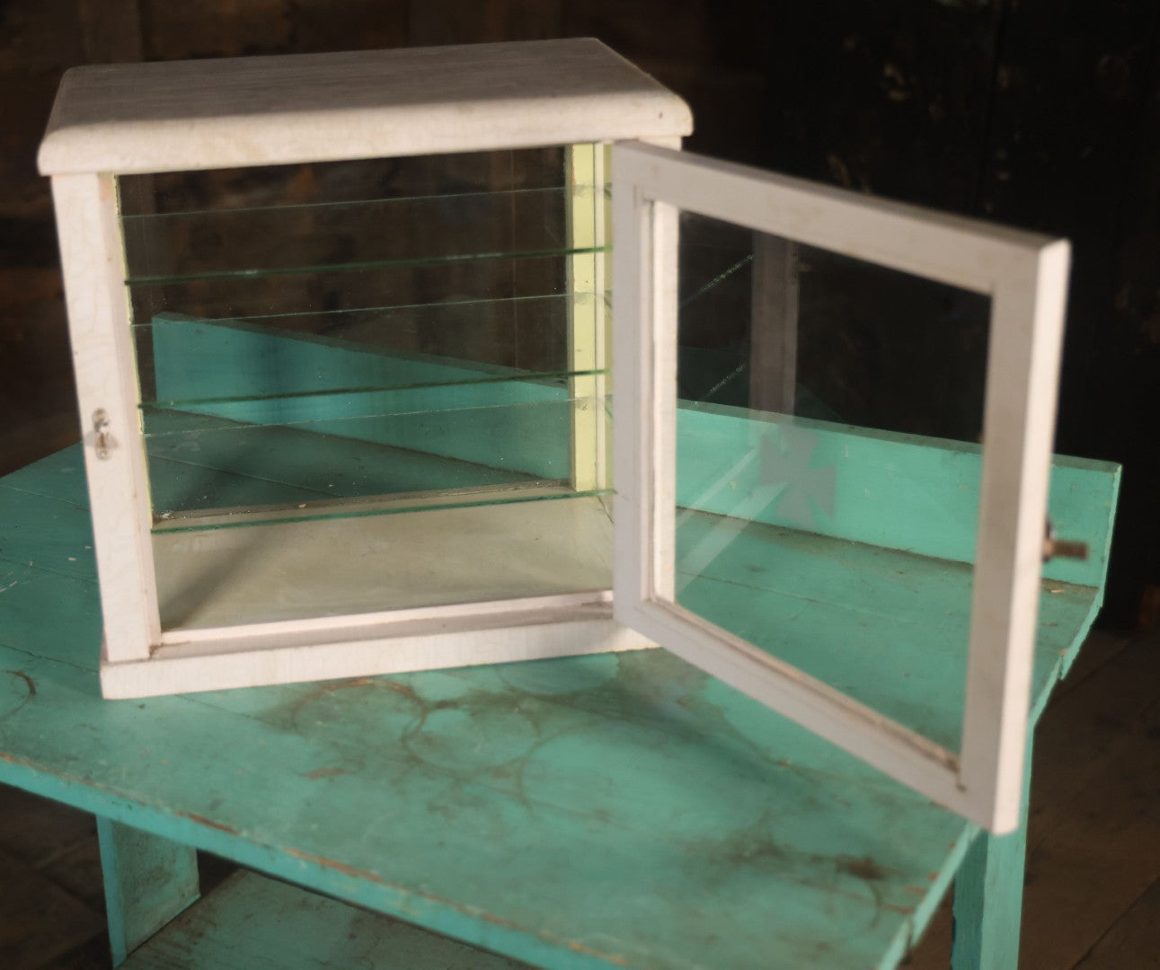 Antique Barber Shop Sterilizer Cabinet With Frosted Iron Cross Symbol On Door, Three Interior Glass Shelves, Four Glass Walls