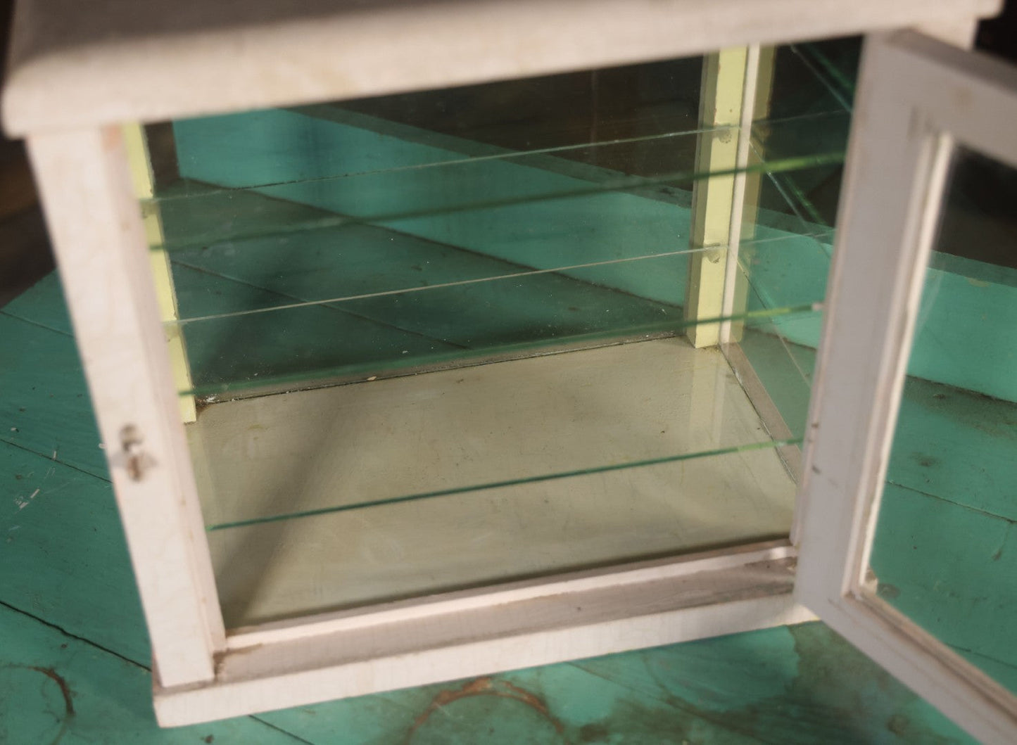 Antique Barber Shop Sterilizer Cabinet With Frosted Iron Cross Symbol On Door, Three Interior Glass Shelves, Four Glass Walls
