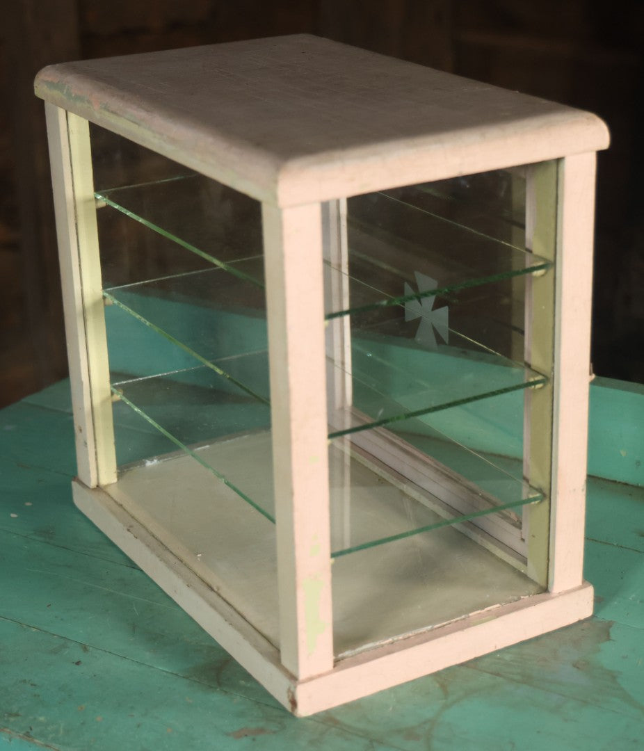 Antique Barber Shop Sterilizer Cabinet With Frosted Iron Cross Symbol On Door, Three Interior Glass Shelves, Four Glass Walls