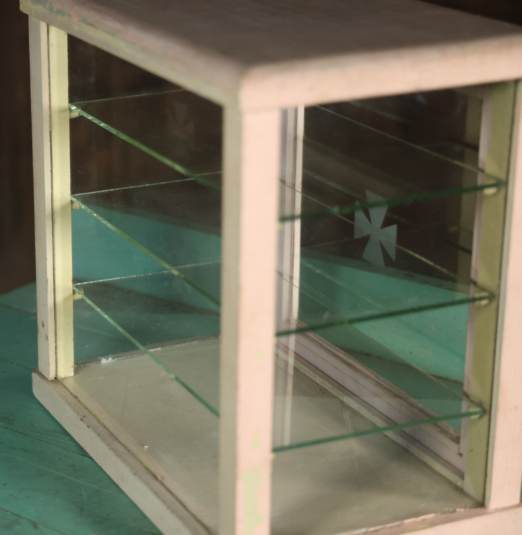 Antique Barber Shop Sterilizer Cabinet With Frosted Iron Cross Symbol On Door, Three Interior Glass Shelves, Four Glass Walls