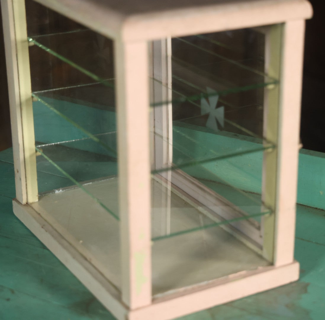Antique Barber Shop Sterilizer Cabinet With Frosted Iron Cross Symbol On Door, Three Interior Glass Shelves, Four Glass Walls