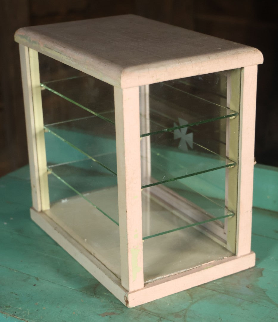 Antique Barber Shop Sterilizer Cabinet With Frosted Iron Cross Symbol On Door, Three Interior Glass Shelves, Four Glass Walls