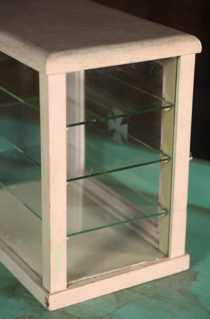 Antique Barber Shop Sterilizer Cabinet With Frosted Iron Cross Symbol On Door, Three Interior Glass Shelves, Four Glass Walls