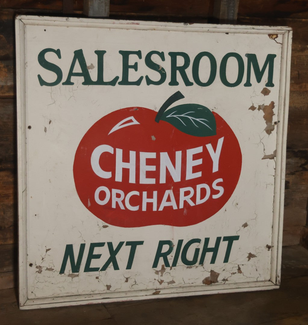Vintage Hand Painted Cheney Orchards Salesroom Advertising Sign, Brimfield, Massachusetts. 49-1/8" x 49-1/2"
