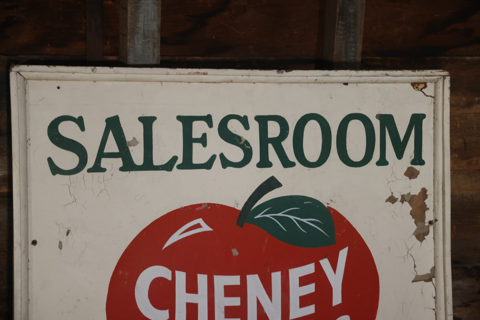 Vintage Hand Painted Cheney Orchards Salesroom Advertising Sign, Brimfield, Massachusetts. 49-1/8" x 49-1/2"