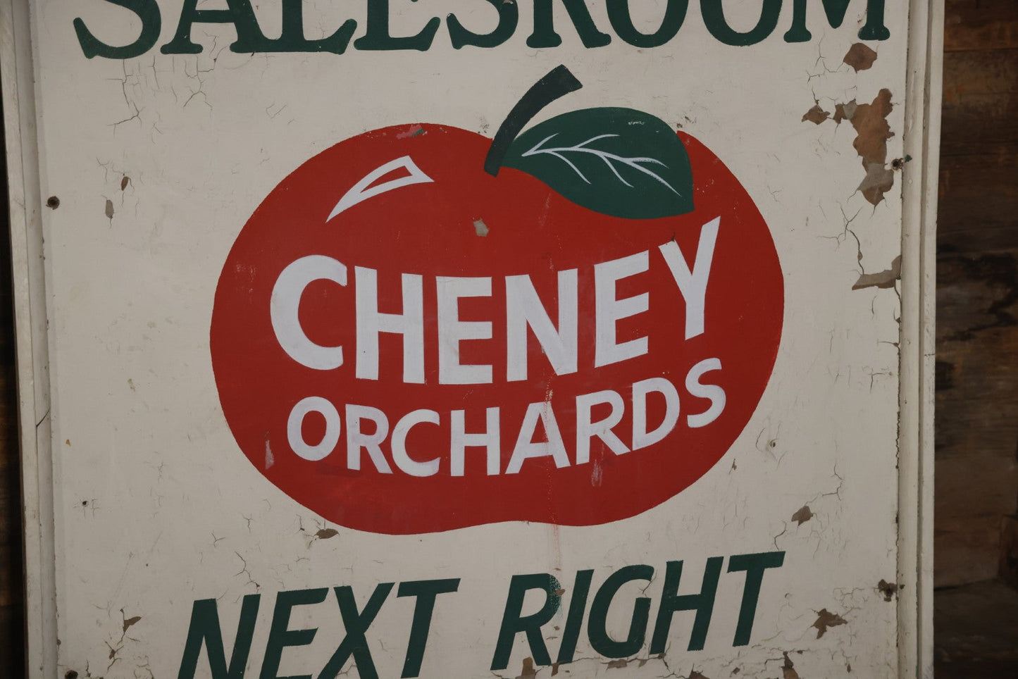 Vintage Hand Painted Cheney Orchards Salesroom Advertising Sign, Brimfield, Massachusetts. 49-1/8" x 49-1/2"