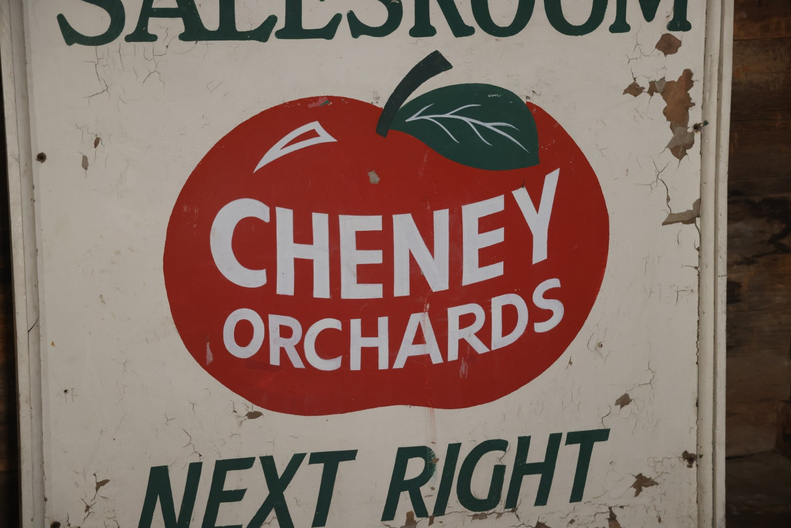 Vintage Hand Painted Cheney Orchards Salesroom Advertising Sign, Brimfield, Massachusetts. 49-1/8" x 49-1/2"