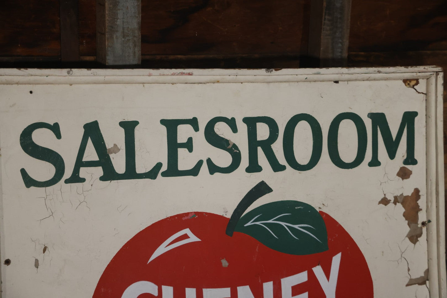 Vintage Hand Painted Cheney Orchards Salesroom Advertising Sign, Brimfield, Massachusetts. 49-1/8" x 49-1/2"