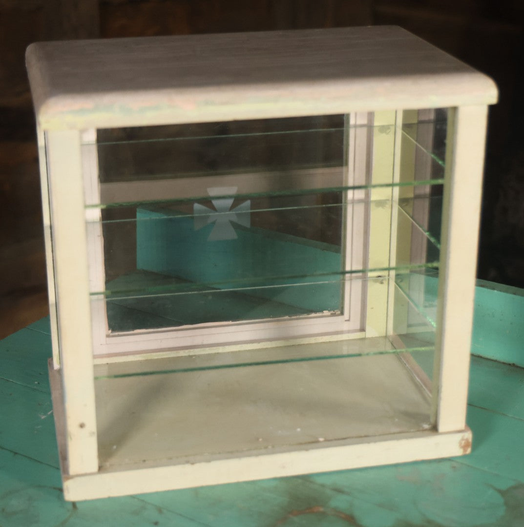 Antique Barber Shop Sterilizer Cabinet With Frosted Iron Cross Symbol On Door, Three Interior Glass Shelves, Four Glass Walls