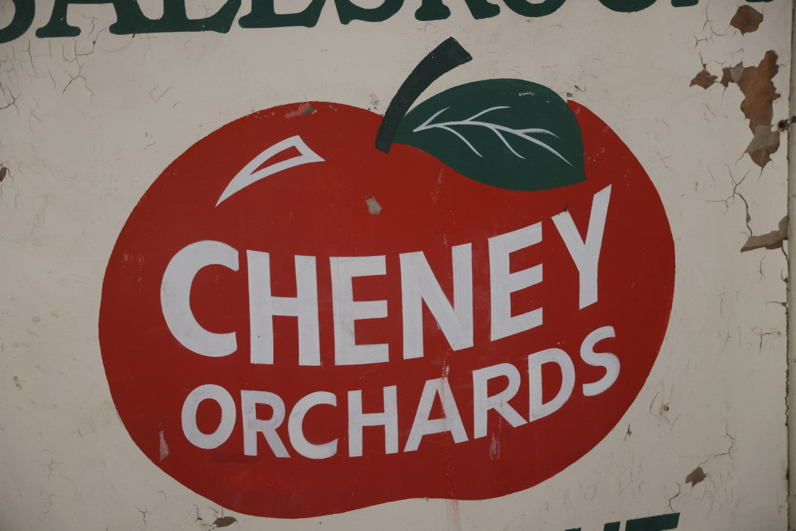 Vintage Hand Painted Cheney Orchards Salesroom Advertising Sign, Brimfield, Massachusetts. 49-1/8" x 49-1/2"