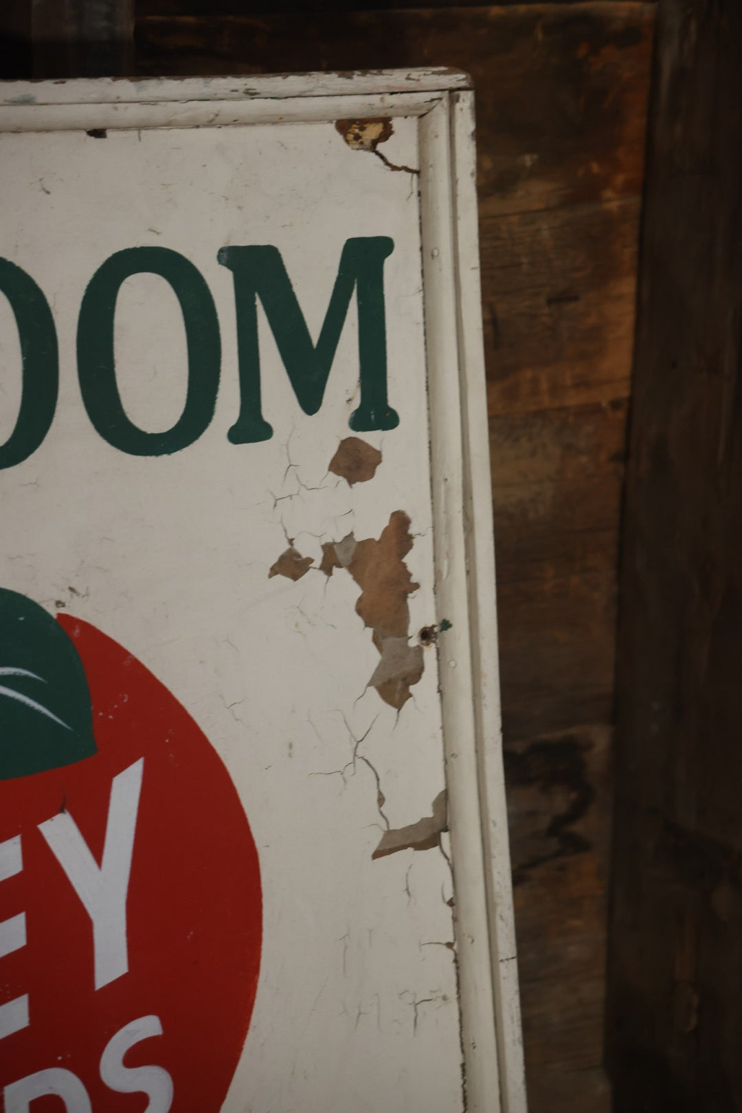 Vintage Hand Painted Cheney Orchards Salesroom Advertising Sign, Brimfield, Massachusetts. 49-1/8" x 49-1/2"