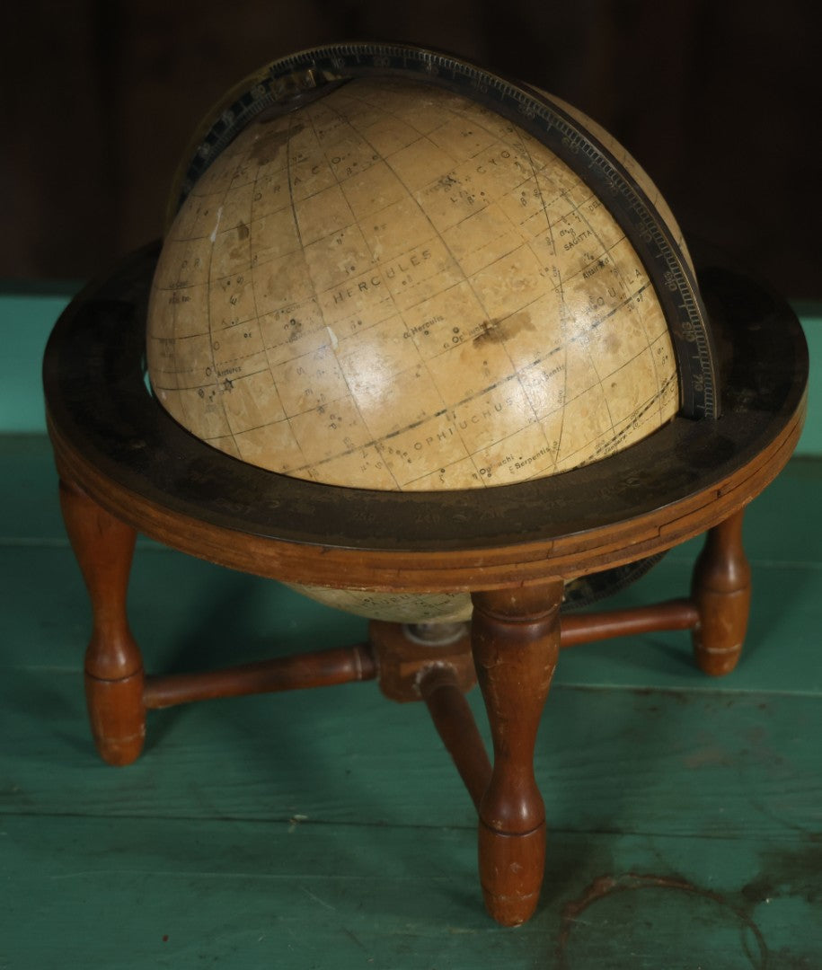 Antique Rand Mcnally 8-Inch Celestial Globe, Constellation Globe Showing The Stars, Wooden Stand, Circa 1924, Note Fading, Heavy Wear