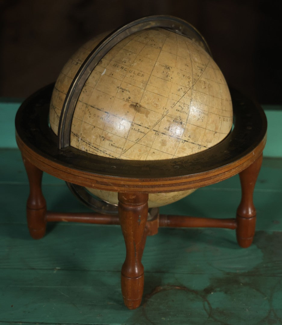 Antique Rand Mcnally 8-Inch Celestial Globe, Constellation Globe Showing The Stars, Wooden Stand, Circa 1924, Note Fading, Heavy Wear
