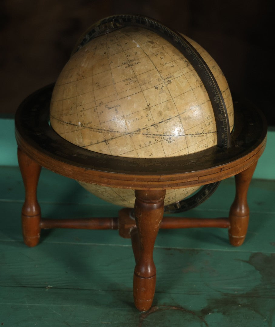 Antique Rand Mcnally 8-Inch Celestial Globe, Constellation Globe Showing The Stars, Wooden Stand, Circa 1924, Note Fading, Heavy Wear