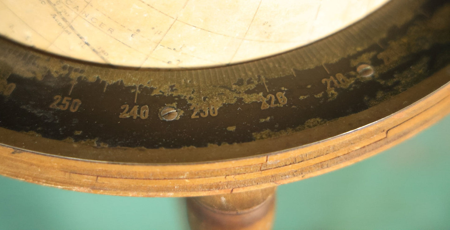 Antique Rand Mcnally 8-Inch Celestial Globe, Constellation Globe Showing The Stars, Wooden Stand, Circa 1924, Note Fading, Heavy Wear