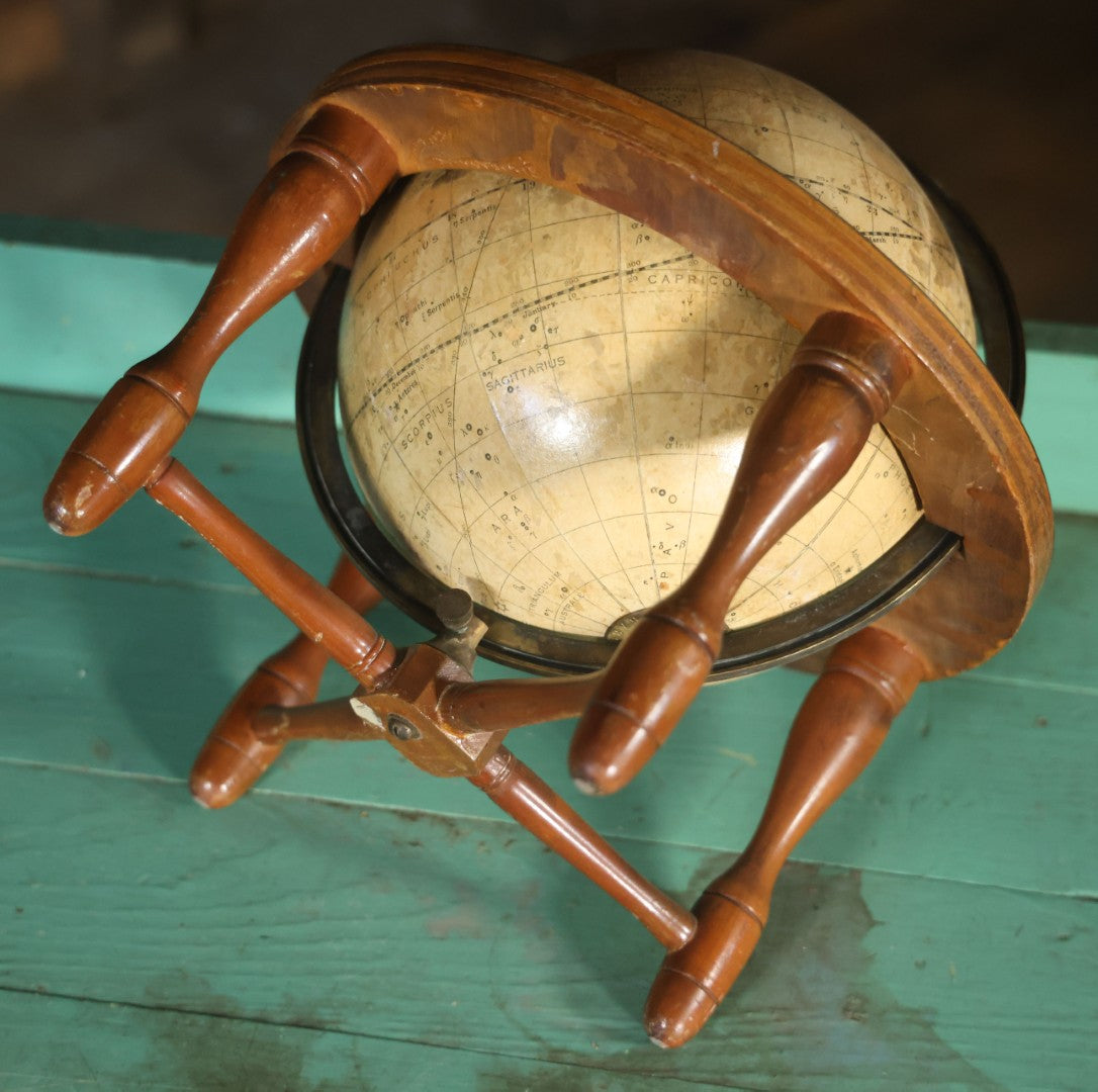 Antique Rand Mcnally 8-Inch Celestial Globe, Constellation Globe Showing The Stars, Wooden Stand, Circa 1924, Note Fading, Heavy Wear