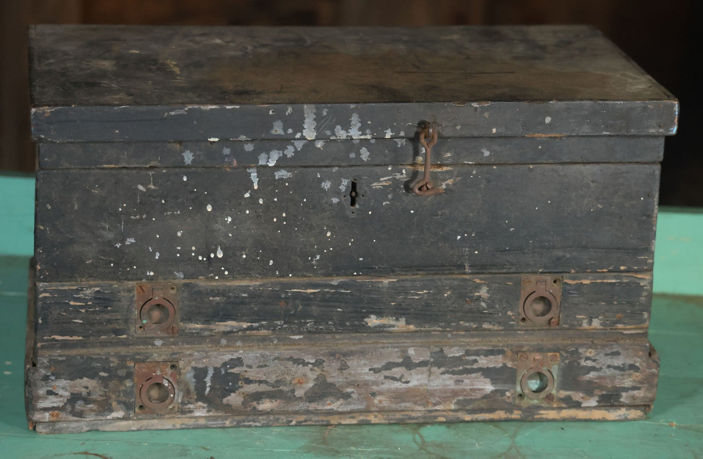 Antique Bench Made Wooden Tool Box With Lift Top, Two Drawers, Ruler Dividers, Worn Surface Finish, Black Paint