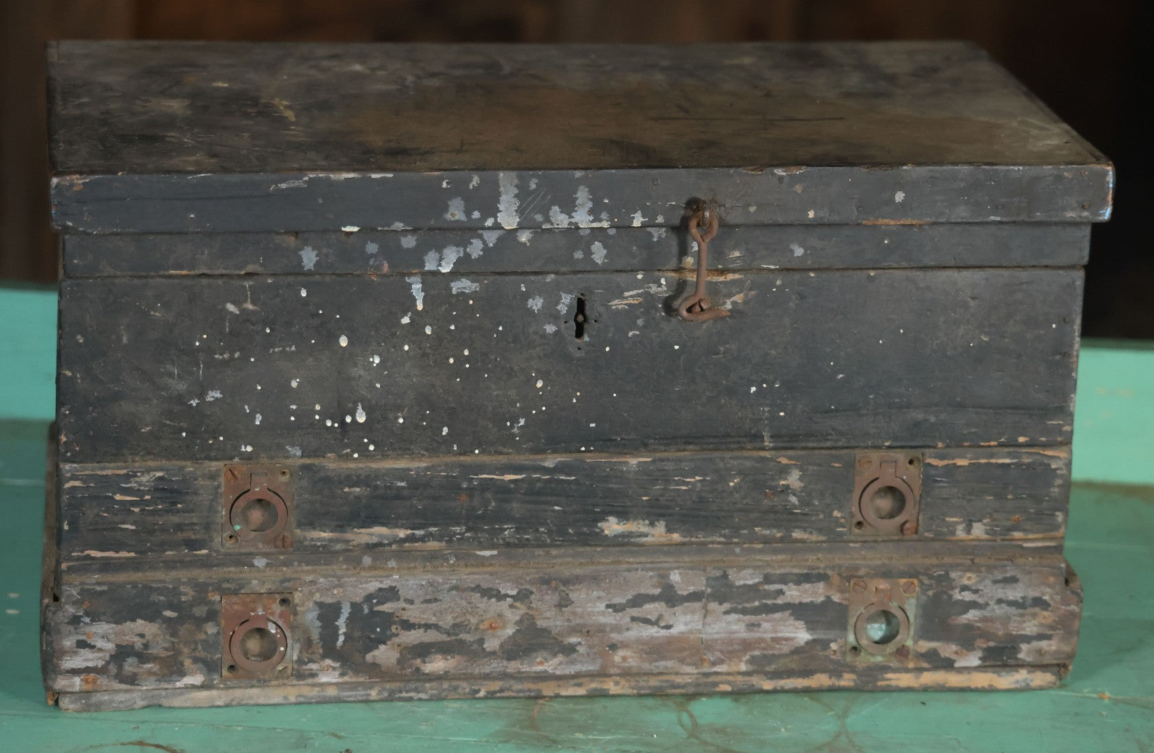 Antique Bench Made Wooden Tool Box With Lift Top, Two Drawers, Ruler Dividers, Worn Surface Finish, Black Paint