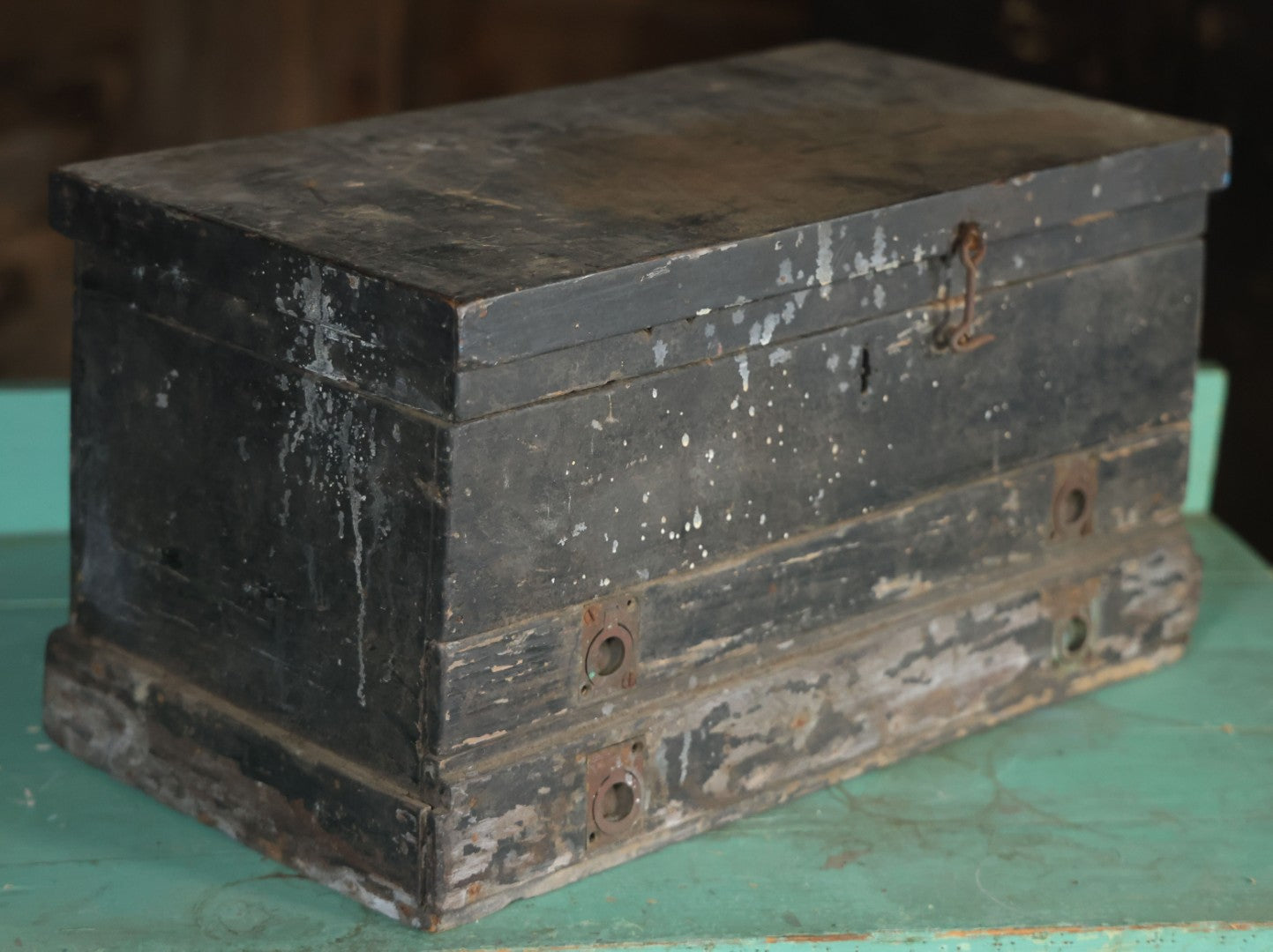 Antique Bench Made Wooden Tool Box With Lift Top, Two Drawers, Ruler Dividers, Worn Surface Finish, Black Paint