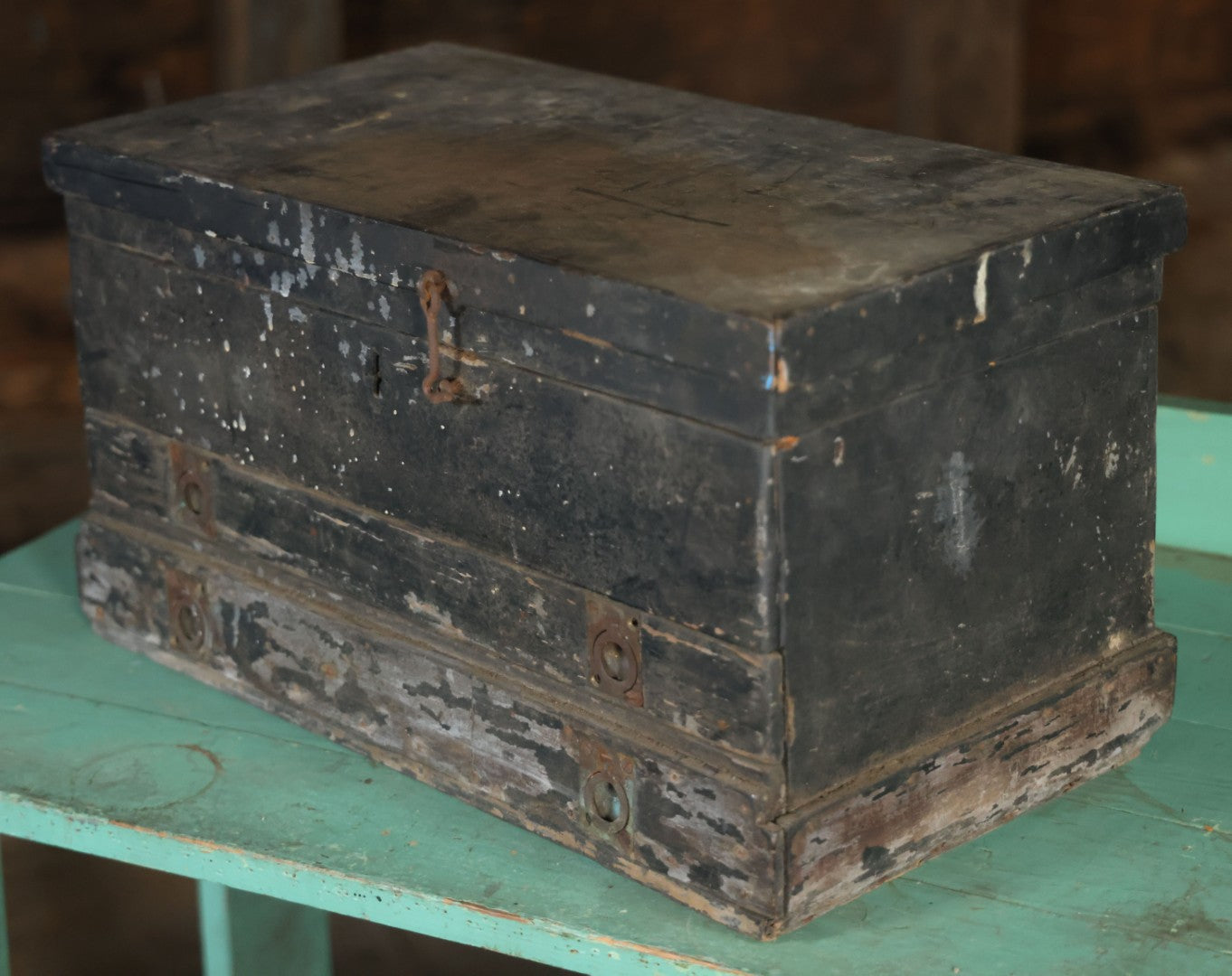 Antique Bench Made Wooden Tool Box With Lift Top, Two Drawers, Ruler Dividers, Worn Surface Finish, Black Paint