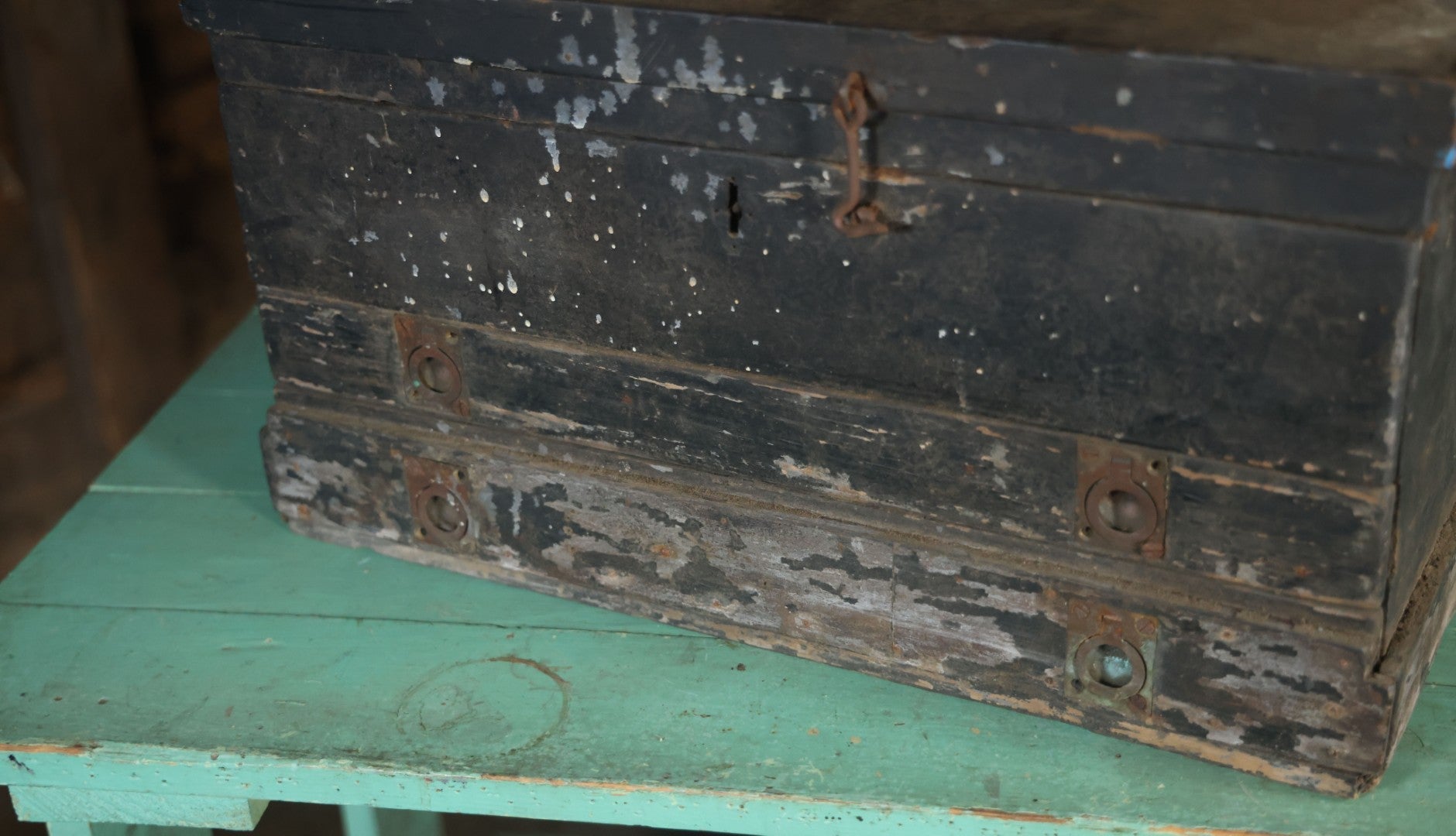 Antique Bench Made Wooden Tool Box With Lift Top, Two Drawers, Ruler Dividers, Worn Surface Finish, Black Paint