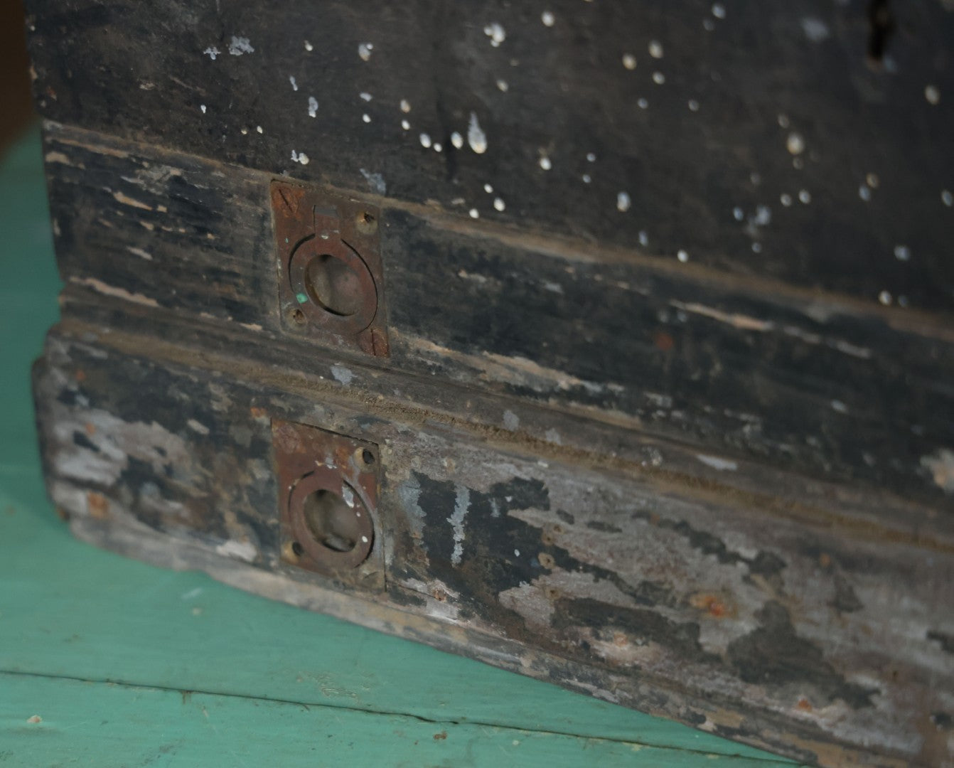 Antique Bench Made Wooden Tool Box With Lift Top, Two Drawers, Ruler Dividers, Worn Surface Finish, Black Paint