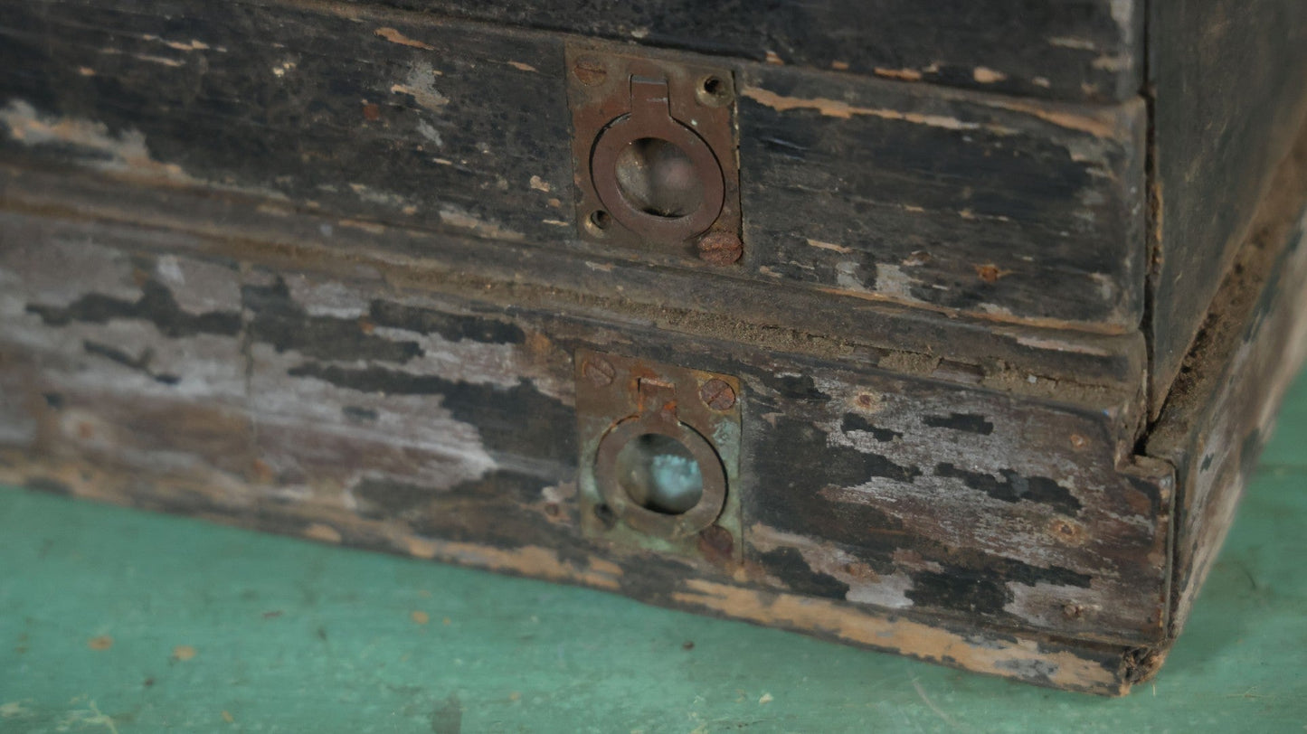 Antique Bench Made Wooden Tool Box With Lift Top, Two Drawers, Ruler Dividers, Worn Surface Finish, Black Paint