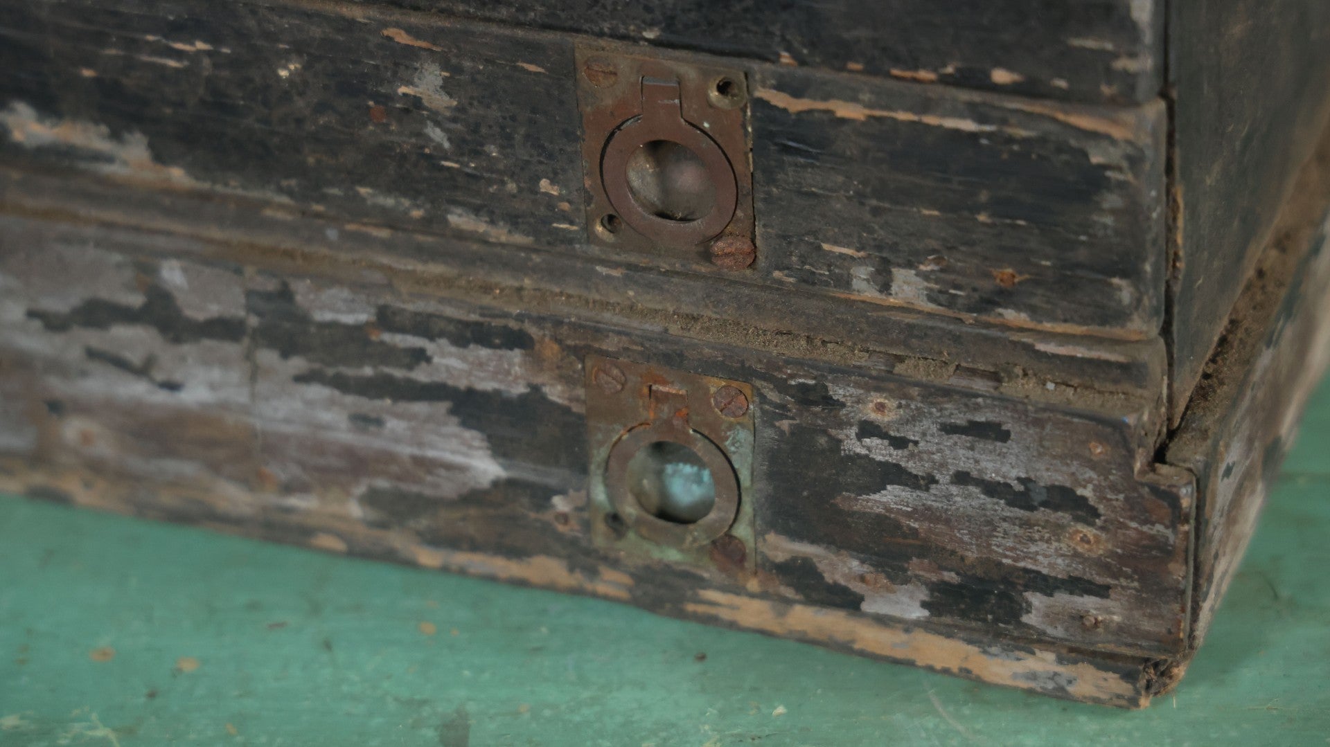 Antique Bench Made Wooden Tool Box With Lift Top, Two Drawers, Ruler Dividers, Worn Surface Finish, Black Paint