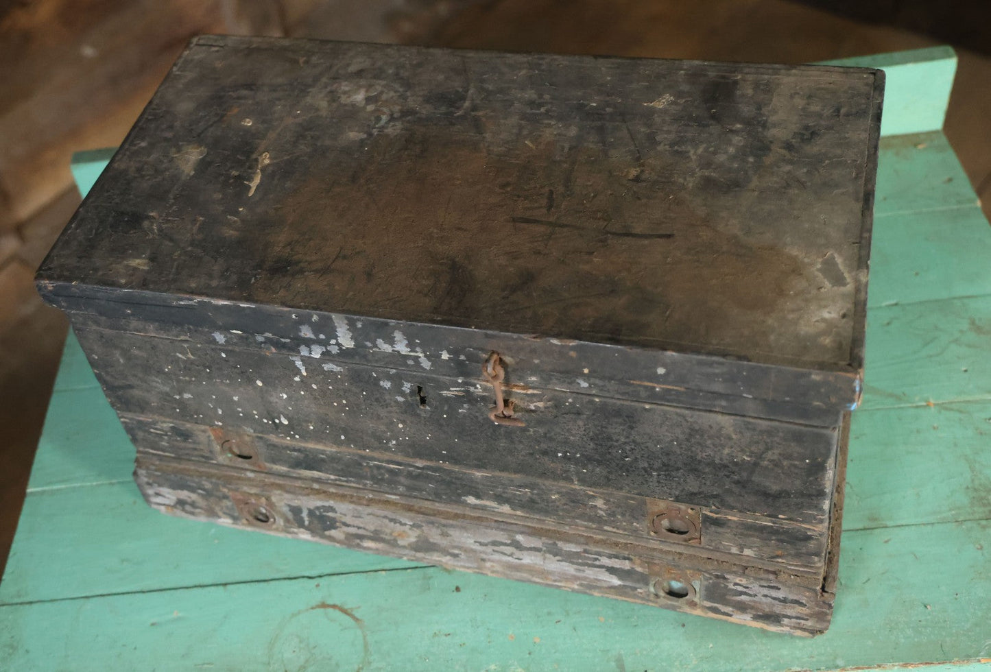 Antique Bench Made Wooden Tool Box With Lift Top, Two Drawers, Ruler Dividers, Worn Surface Finish, Black Paint