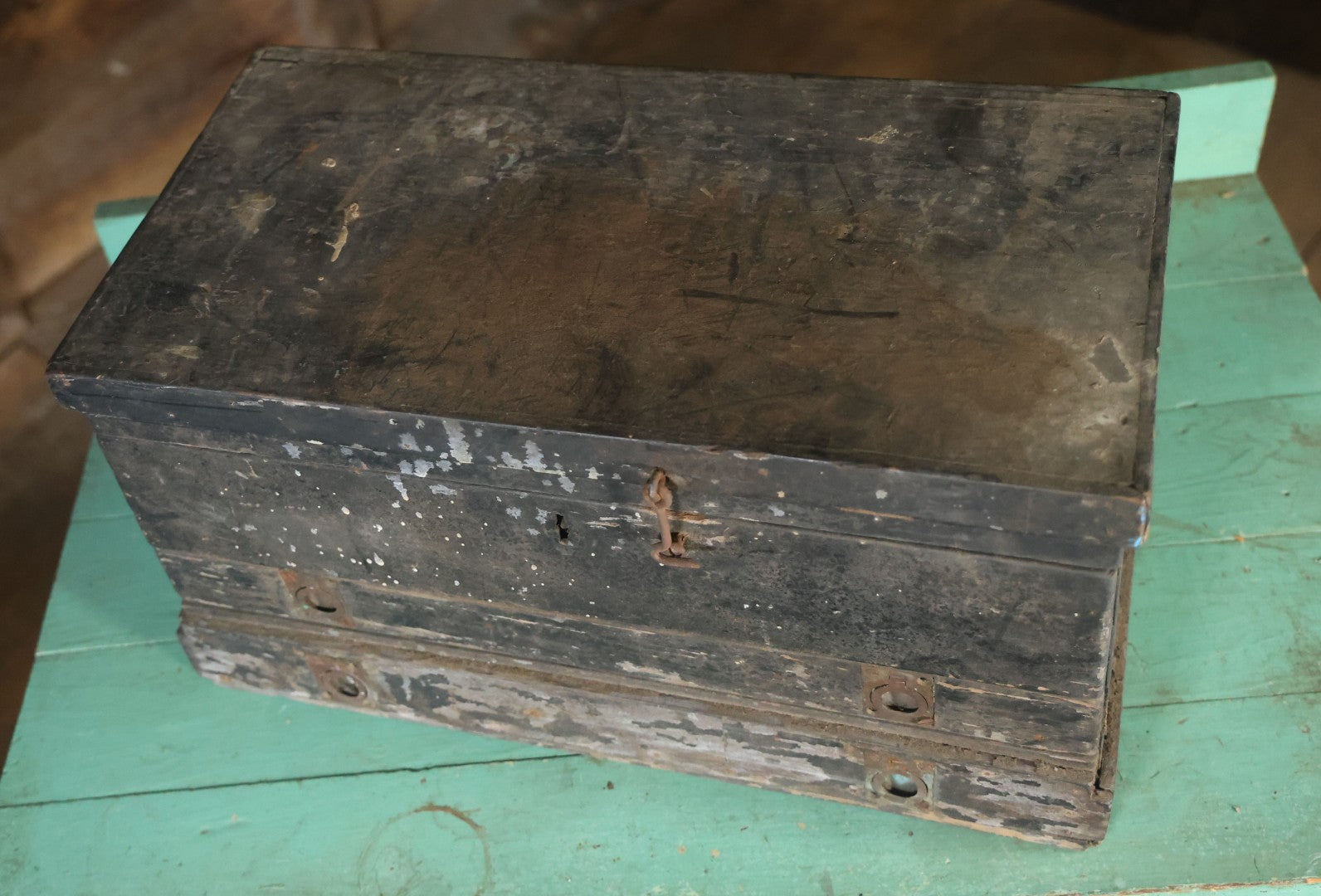 Antique Bench Made Wooden Tool Box With Lift Top, Two Drawers, Ruler Dividers, Worn Surface Finish, Black Paint