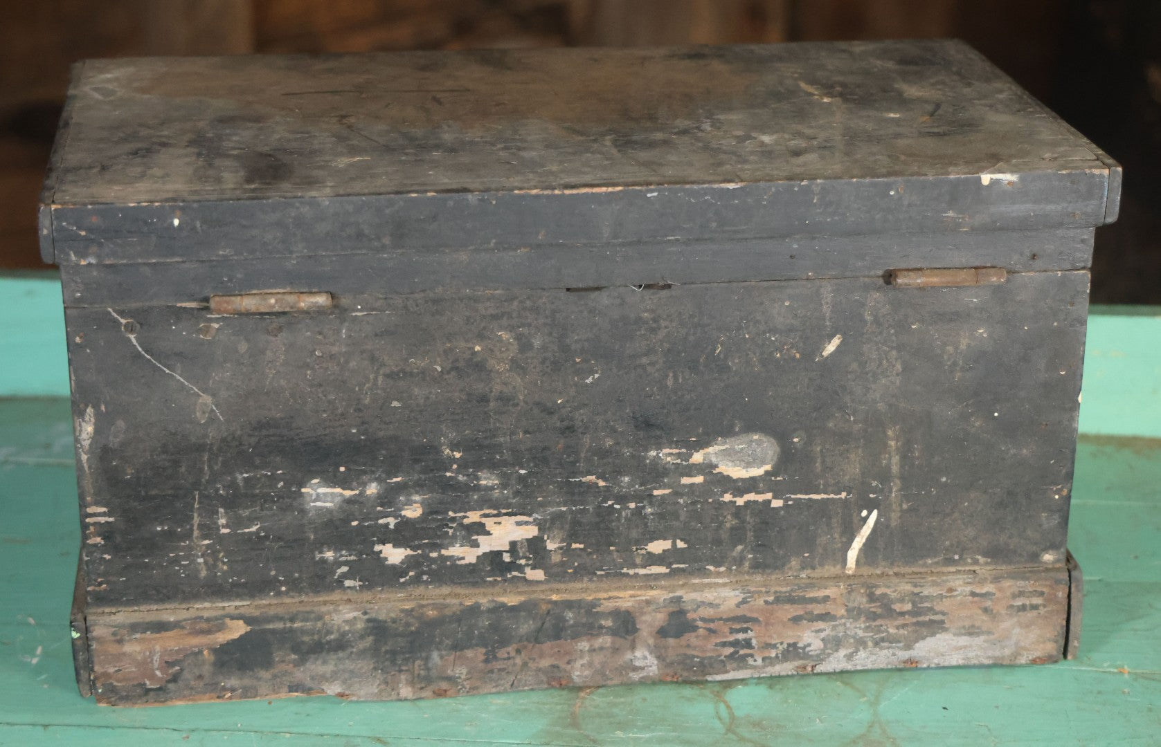 Antique Bench Made Wooden Tool Box With Lift Top, Two Drawers, Ruler Dividers, Worn Surface Finish, Black Paint