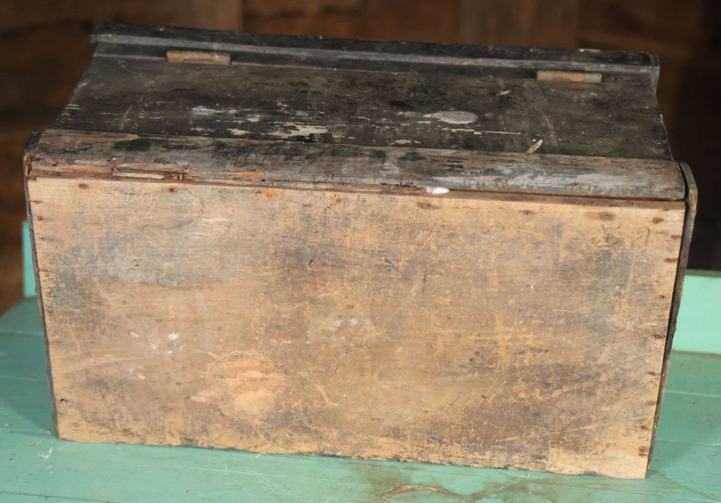 Antique Bench Made Wooden Tool Box With Lift Top, Two Drawers, Ruler Dividers, Worn Surface Finish, Black Paint