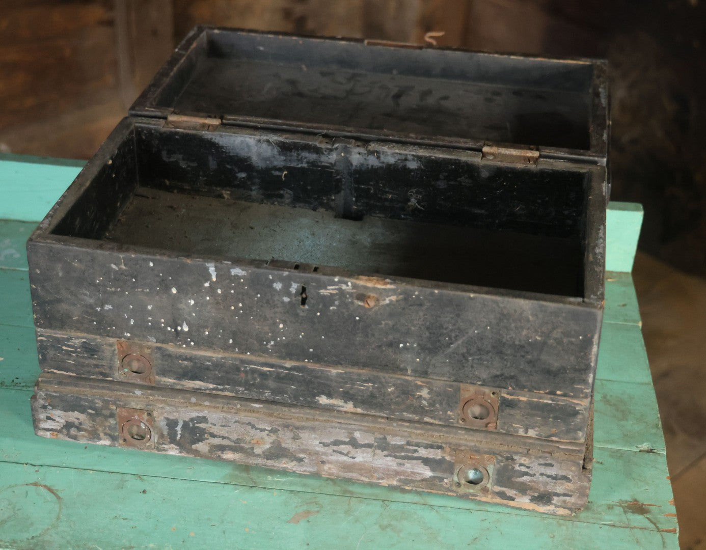 Antique Bench Made Wooden Tool Box With Lift Top, Two Drawers, Ruler Dividers, Worn Surface Finish, Black Paint