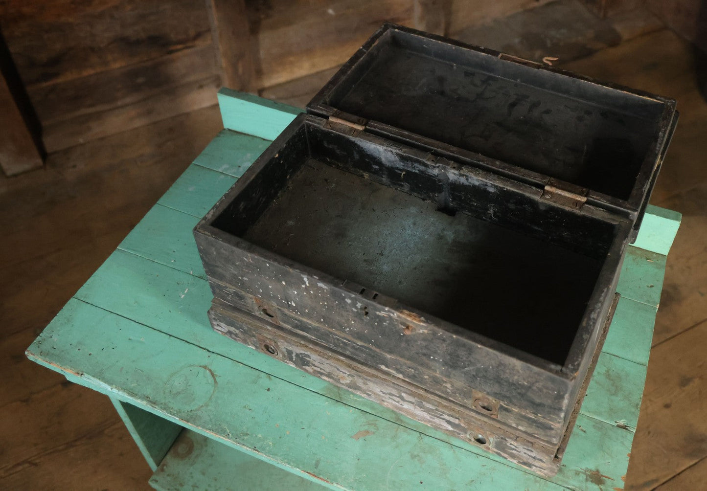 Antique Bench Made Wooden Tool Box With Lift Top, Two Drawers, Ruler Dividers, Worn Surface Finish, Black Paint